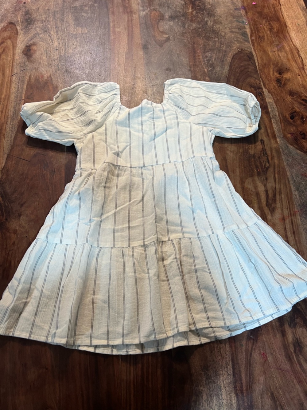 Girls' Cream Striped Tiered Puff-Sleeve Dress